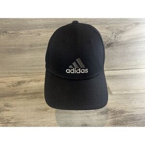 Adidas‎ Black Cap Golf Hat 3-Stripe Spell-Out Logo A-Flex Size L/XL